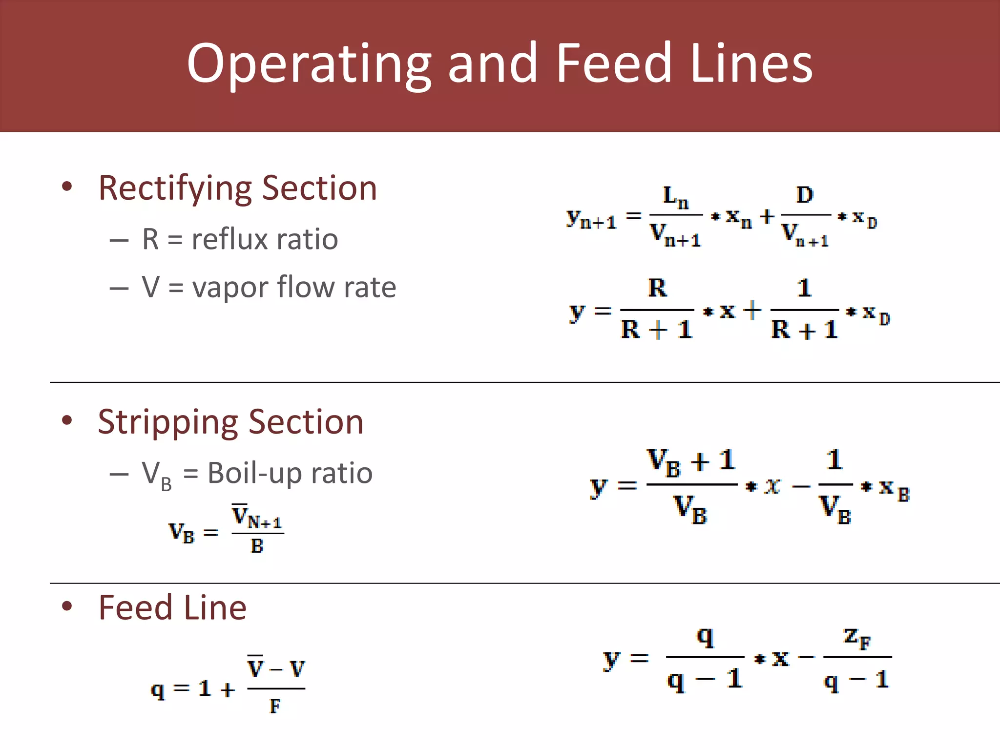 Operating and Feed Lines
• Rectifying Section
– R = reflux ratio
– V = vapor flow rate
• Stripping Section
– VB = Boil-up ratio
• Feed Line
 