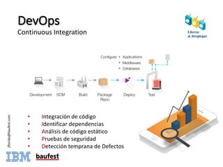 DevOps
Continuous Integration
• Integración de código
• Identificar dependencias
• Análisis de código estático
• Pruebas de seguridad
• Detección temprana de Defectos
jflorido@baufest.com
 