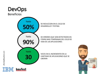DevOps
Beneficios
jflorido@baufest.com
hasta
50%
DE	REDUCCION	EN	EL	CICLO	DE	
DESARROLLO	Y	TESTING
hasta
90%
DE	ERRORES	QUE	SON	DETECTADOS	EN	
ETAPAS	MAS	TEMPRANAS	DEL	CICLO	DE	
VIDA	DE	LAS	APLICACIONES
hasta
30
VECES	EN	EL	INCREMENTO	EN	LA	
CANTIDAD	DE	APLICACIONES	QUE	SE	
LIBERAN
 