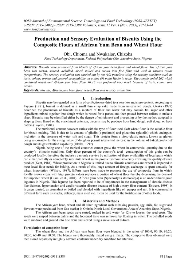 Production and Sensory Evaluation of Biscuits Using the Composite
