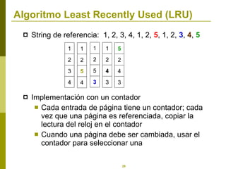Algoritmo Least Recently Used (LRU) String de referencia:  1, 2, 3, 4, 1, 2,  5 , 1, 2,  3 ,  4 ,  5 Implementación con un contador Cada entrada de página tiene un contador; cada vez que una página es referenciada, copiar la lectura del reloj en el contador Cuando una página debe ser cambiada, usar el contador para seleccionar una 5 2 4 3 1 2 3 4 1 2 5 4 1 2 5 3 1 2 4 3 