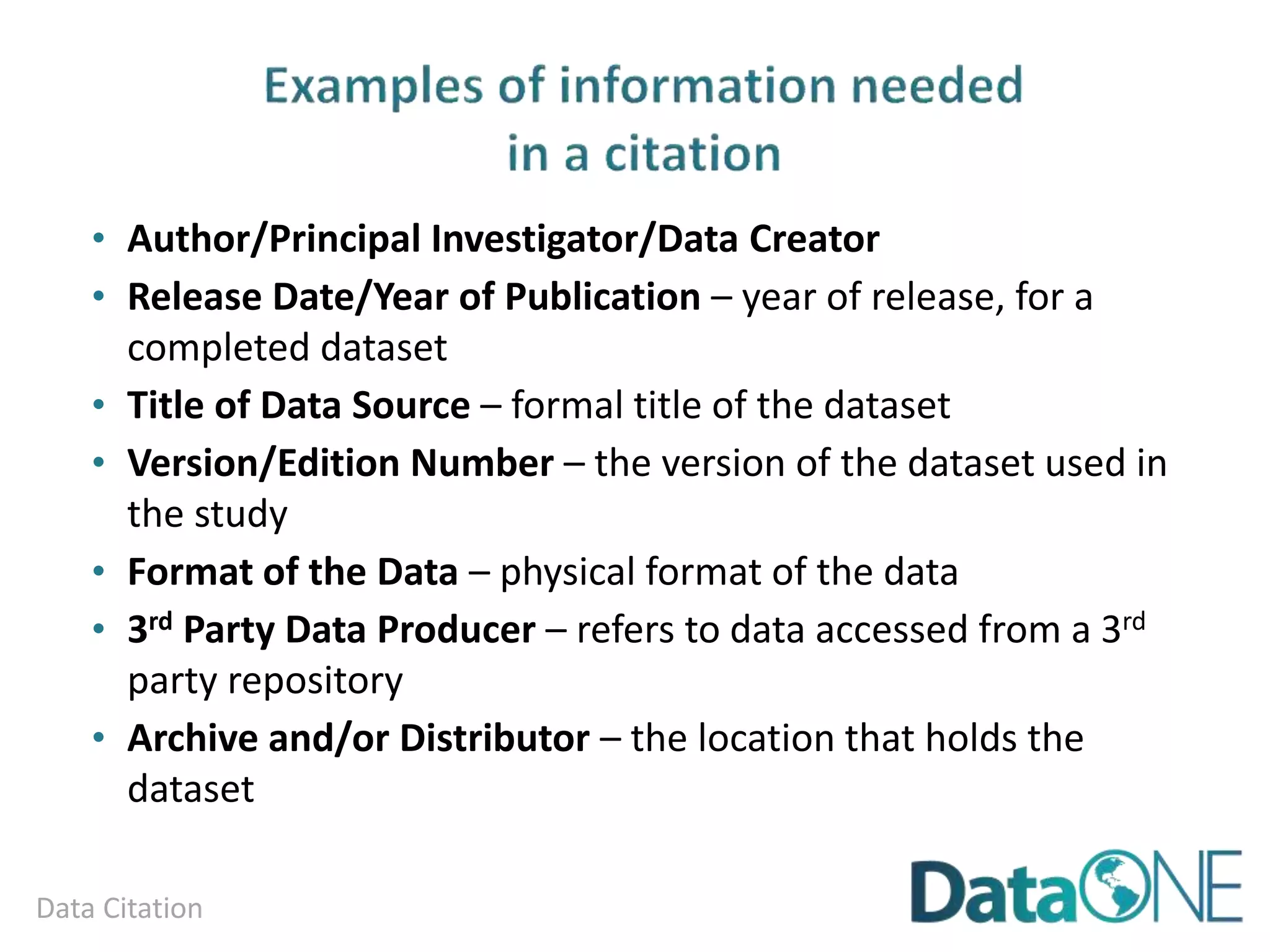 Analysis and Workflows
• Reproducibility at core of scientific method
• Complex process = more difficult to reproduce
• Good documentation required for reproducibility
o Metadata: data about data
o Process metadata: data about process used to create, manipulate,
and analyze data
CCimagebyRichardCarteronFlickr
 