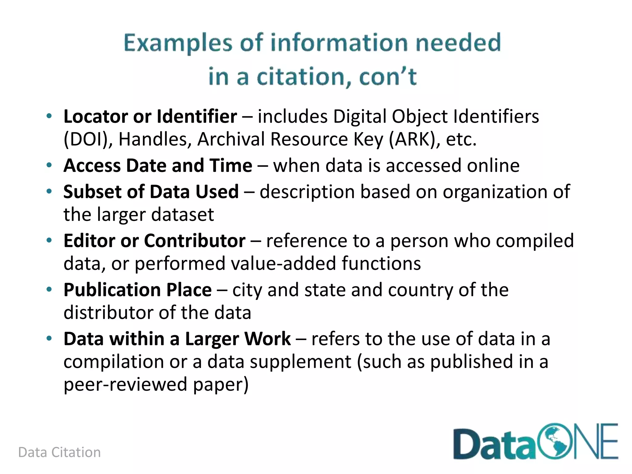 Analysis and Workflows
• Process metadata: Information about process (analysis,
data organization, graphing) used to get to data outputs
• Related concept: data provenance
o Origins of data
o Good provenance = able to follow data throughout entire life cycle
o Allows for
• Replication & reproducibility
• Analysis for potential defects, errors in logic, statistical errors
• Evaluation of hypotheses
 