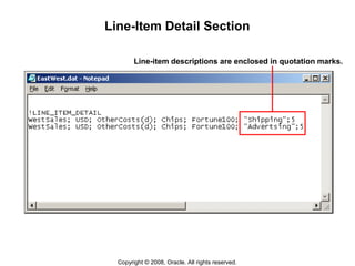 Copyright © 2008, Oracle. All rights reserved.
Line-Item Detail Section
Line-item descriptions are enclosed in quotation marks.
 