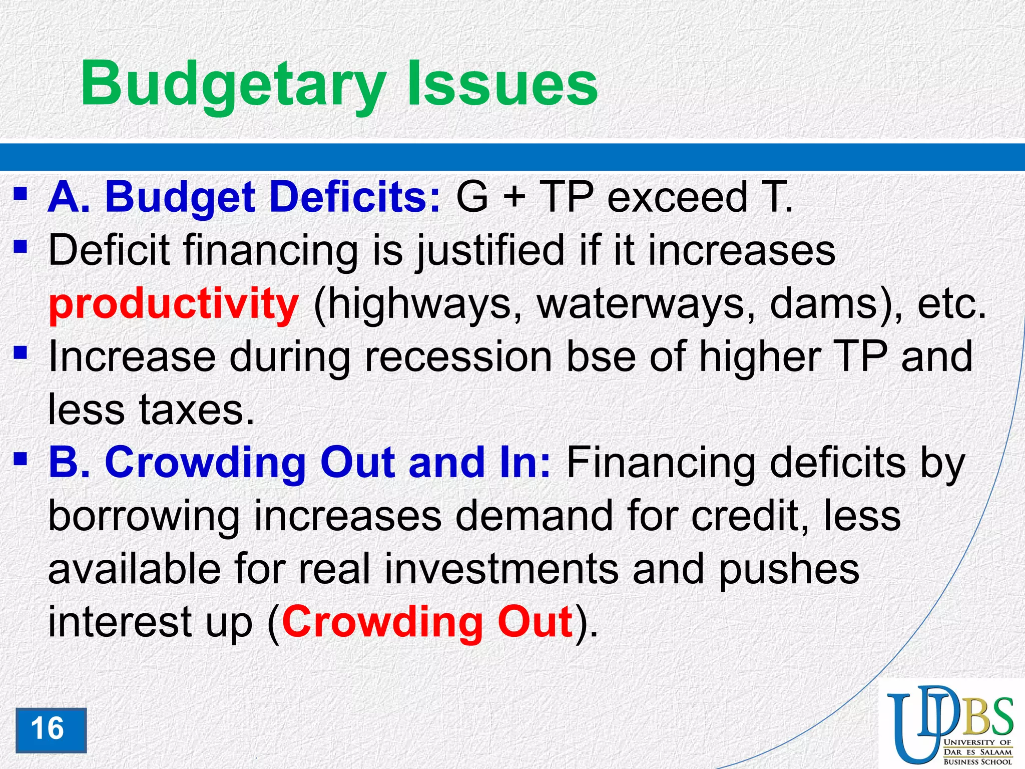 16
Budgetary Issues
 A. Budget Deficits: G + TP exceed T.
 Deficit financing is justified if it increases
productivity (highways, waterways, dams), etc.
 Increase during recession bse of higher TP and
less taxes.
 B. Crowding Out and In: Financing deficits by
borrowing increases demand for credit, less
available for real investments and pushes
interest up (Crowding Out).
 