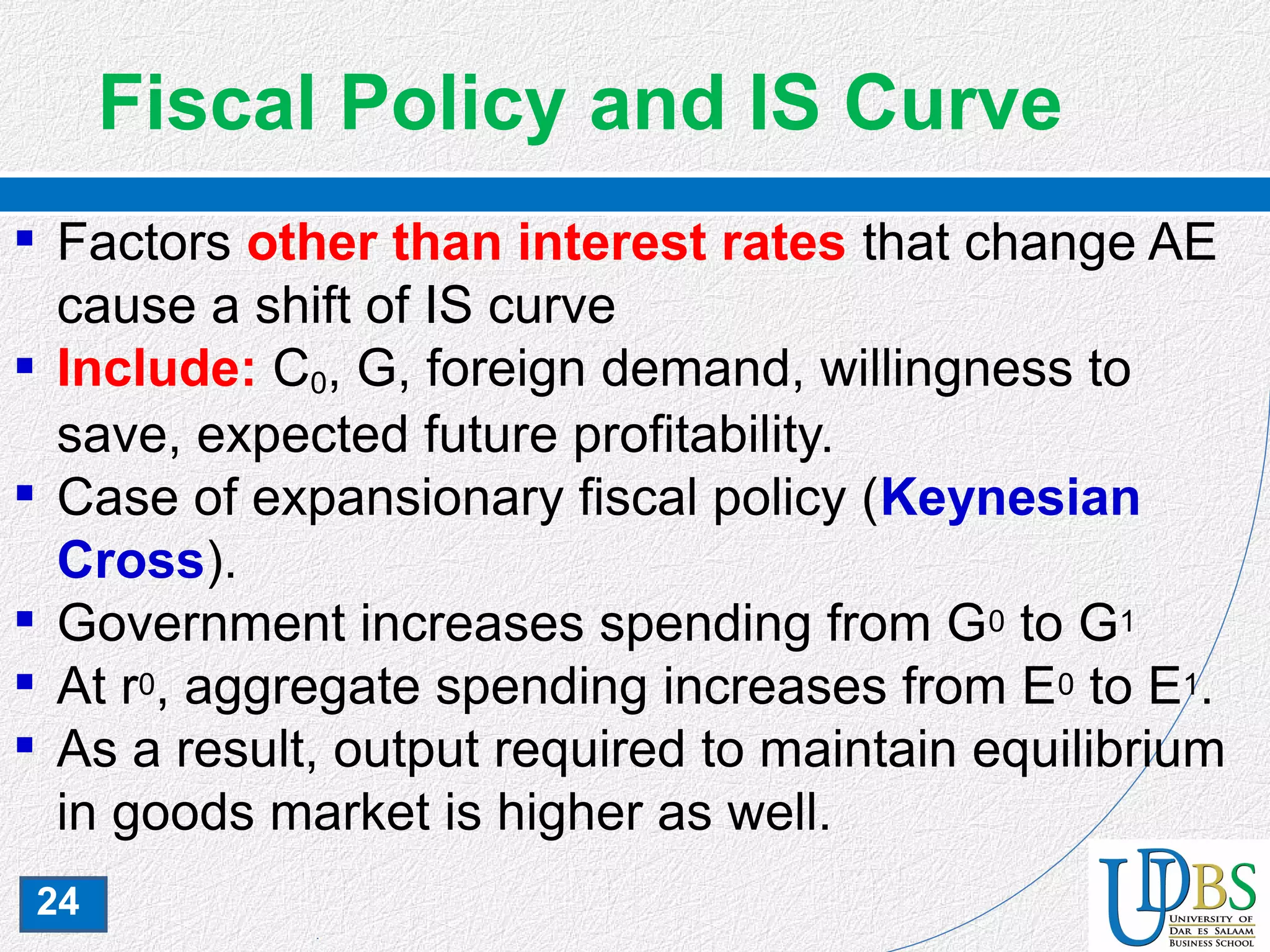 24
Fiscal Policy and IS Curve
 Factors other than interest rates that change AE
cause a shift of IS curve
 Include: C0, G, foreign demand, willingness to
save, expected future profitability.
 Case of expansionary fiscal policy (Keynesian
Cross).
 Government increases spending from G0 to G1
 At r0, aggregate spending increases from E0 to E1.
 As a result, output required to maintain equilibrium
in goods market is higher as well.
 