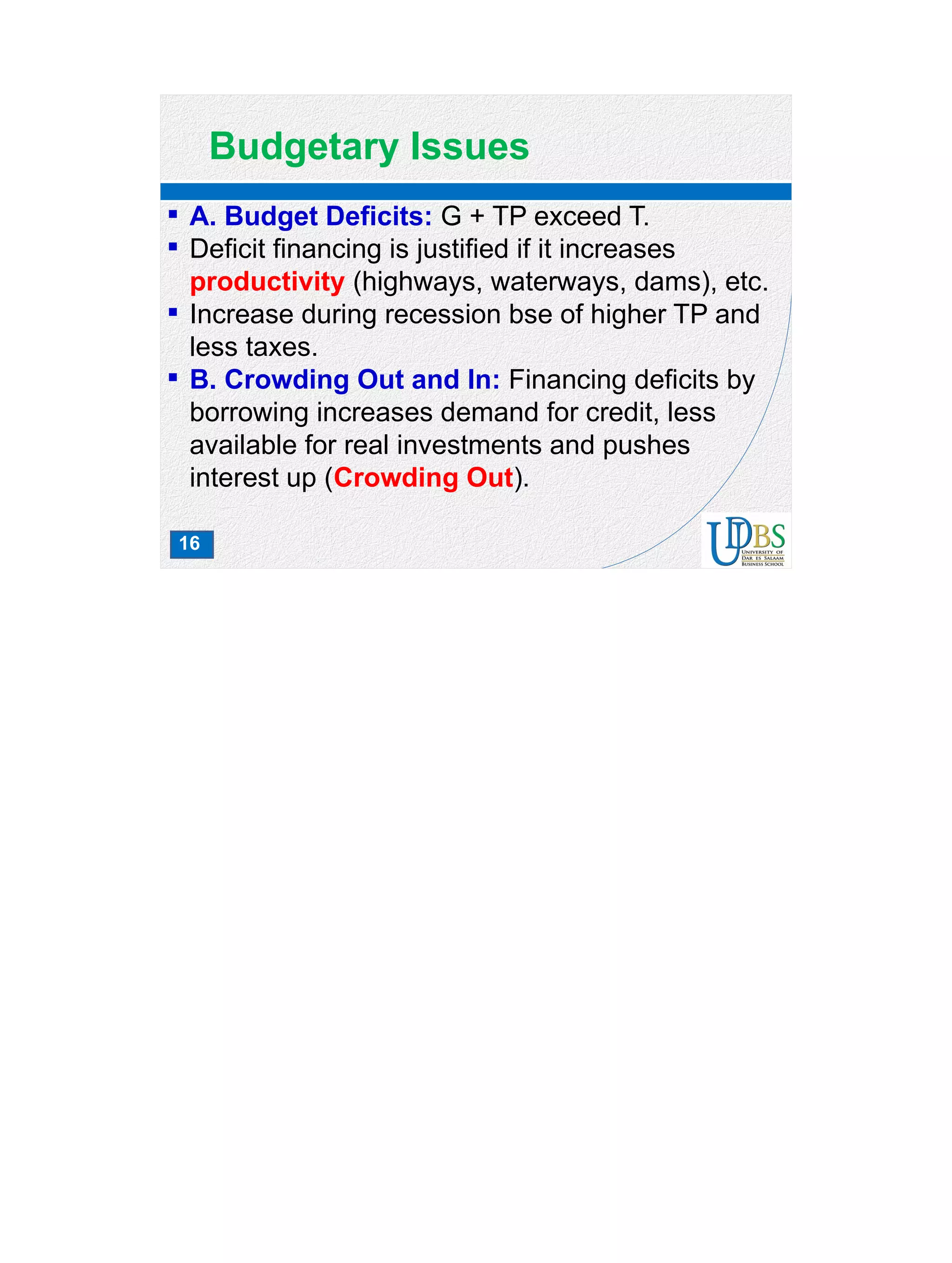 16
Budgetary Issues
 A. Budget Deficits: G + TP exceed T.
 Deficit financing is justified if it increases
productivity (highways, waterways, dams), etc.
 Increase during recession bse of higher TP and
less taxes.
 B. Crowding Out and In: Financing deficits by
borrowing increases demand for credit, less
available for real investments and pushes
interest up (Crowding Out).
 