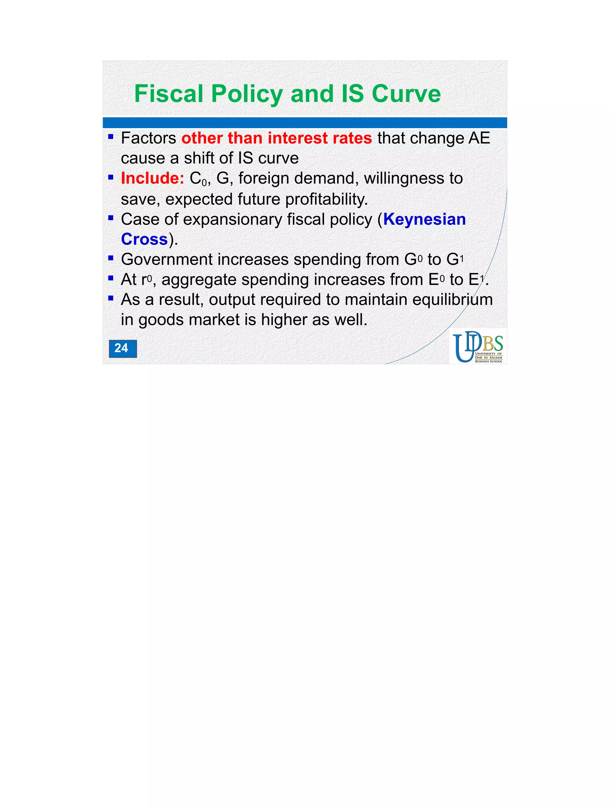 24
Fiscal Policy and IS Curve
 Factors other than interest rates that change AE
cause a shift of IS curve
 Include: C0, G, foreign demand, willingness to
save, expected future profitability.
 Case of expansionary fiscal policy (Keynesian
Cross).
 Government increases spending from G0 to G1
 At r0, aggregate spending increases from E0 to E1.
 As a result, output required to maintain equilibrium
in goods market is higher as well.
 