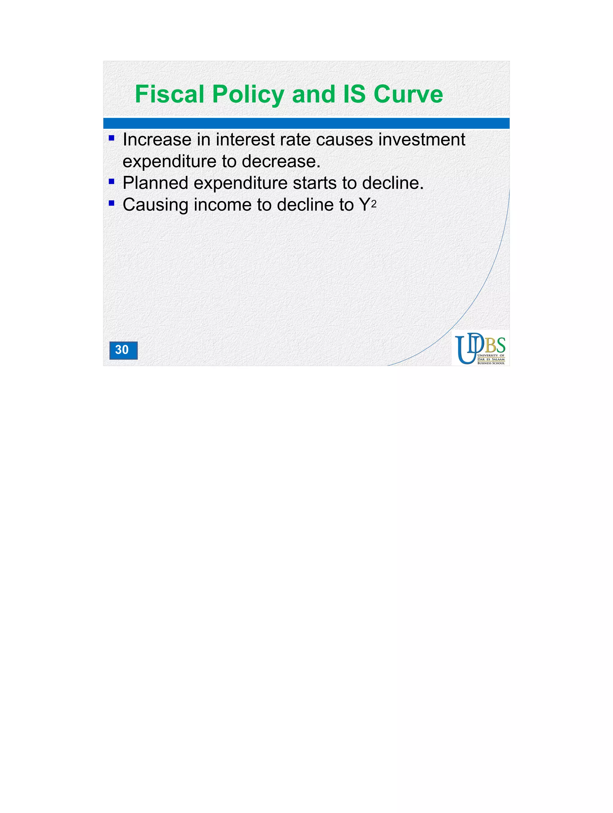 30
Fiscal Policy and IS Curve
 Increase in interest rate causes investment
expenditure to decrease.
 Planned expenditure starts to decline.
 Causing income to decline to Y2
 