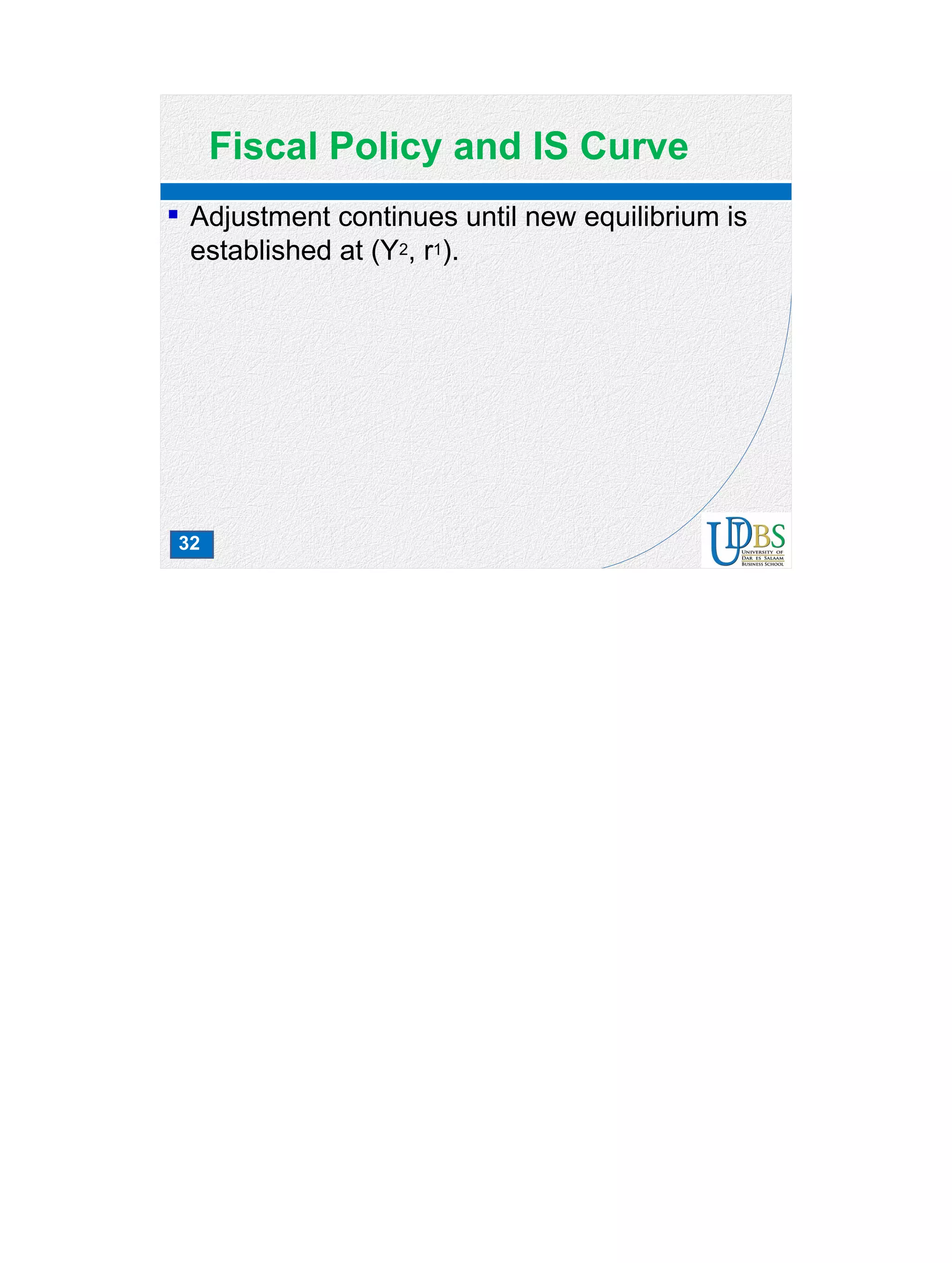 32
Fiscal Policy and IS Curve
 Adjustment continues until new equilibrium is
established at (Y2, r1).
 