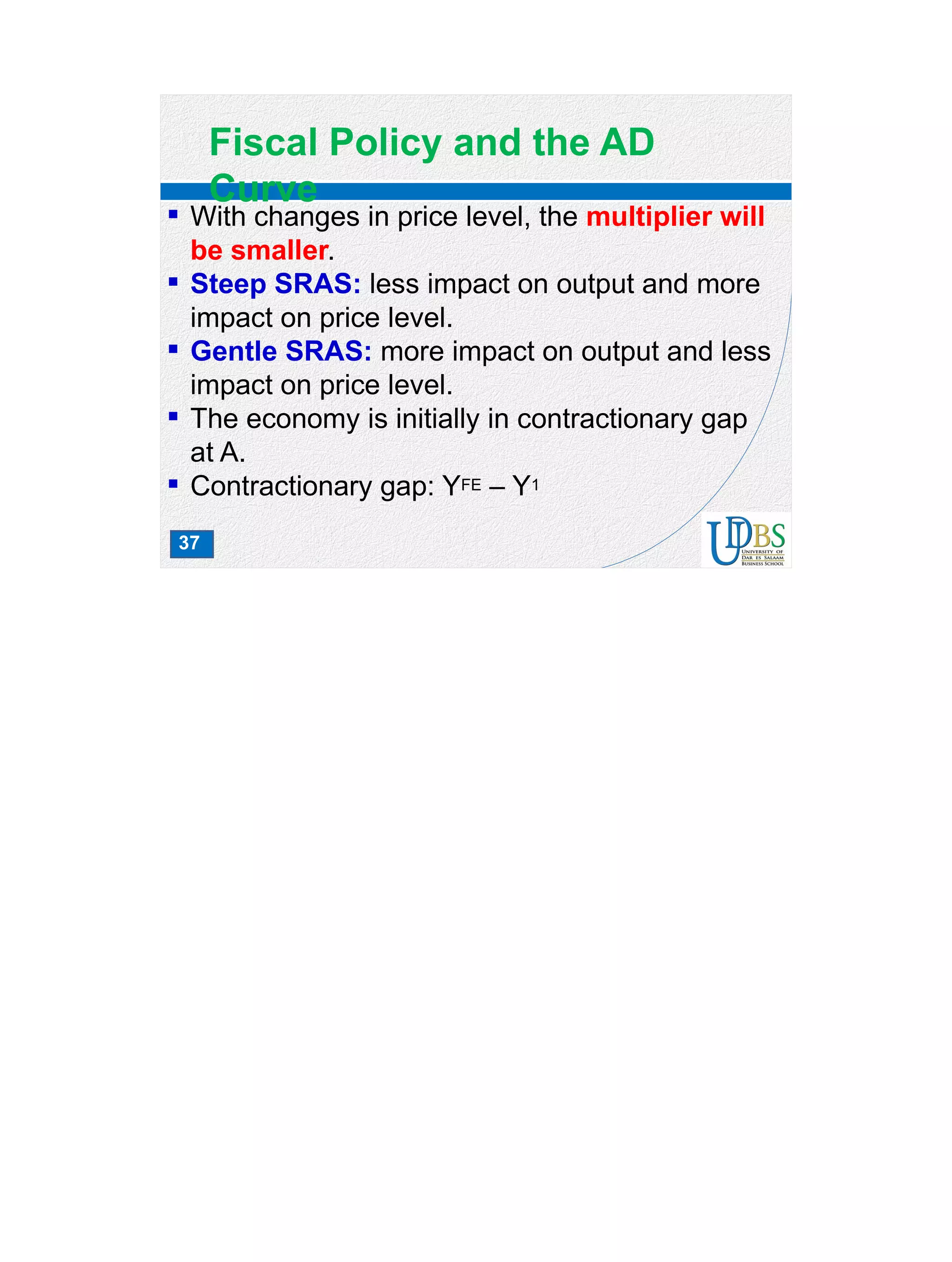 37
Fiscal Policy and the AD
Curve
 With changes in price level, the multiplier will
be smaller.
 Steep SRAS: less impact on output and more
impact on price level.
 Gentle SRAS: more impact on output and less
impact on price level.
 The economy is initially in contractionary gap
at A.
 Contractionary gap: YFE – Y1
 