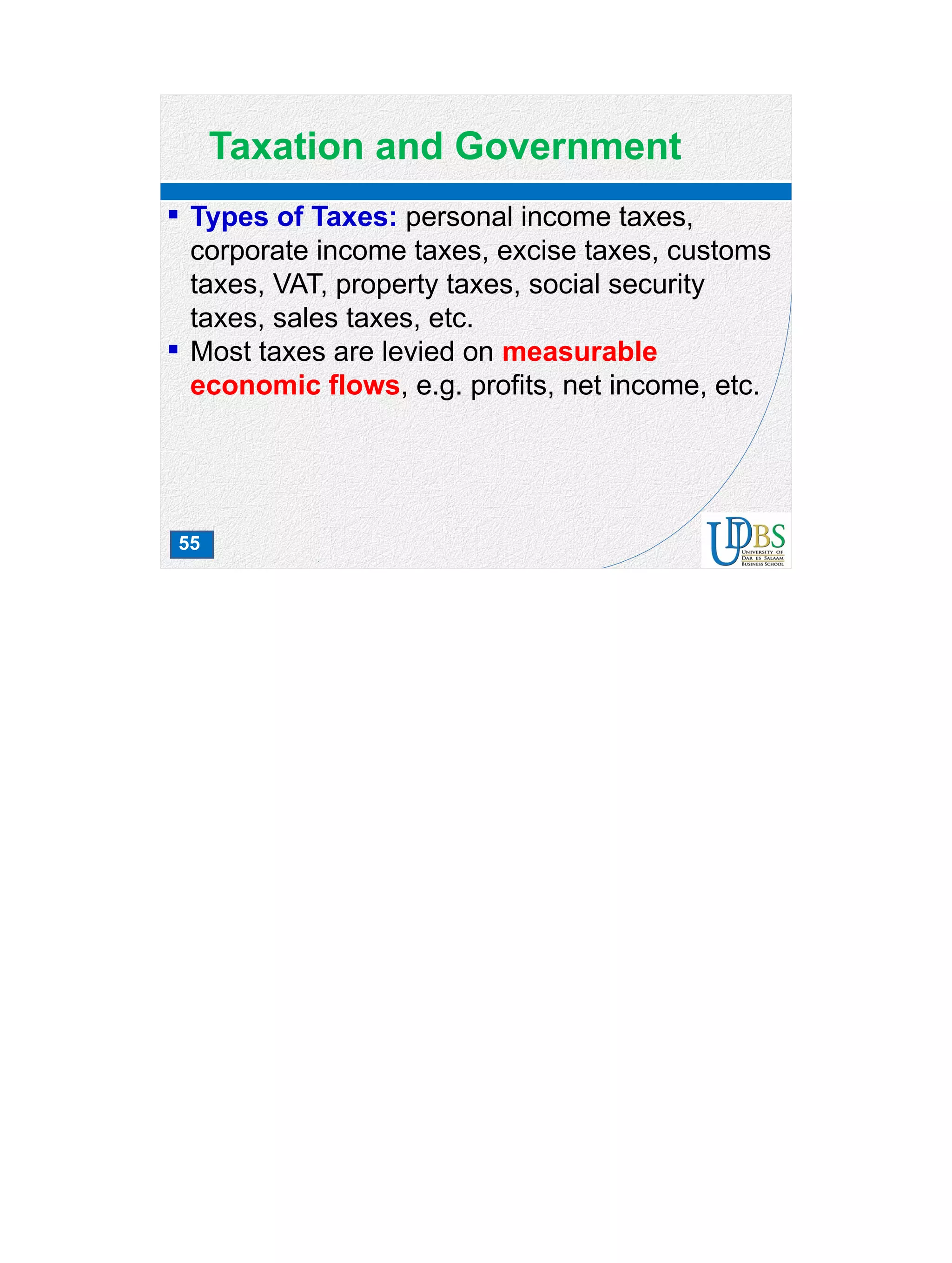 55
Taxation and Government
 Types of Taxes: personal income taxes,
corporate income taxes, excise taxes, customs
taxes, VAT, property taxes, social security
taxes, sales taxes, etc.
 Most taxes are levied on measurable
economic flows, e.g. profits, net income, etc.
 