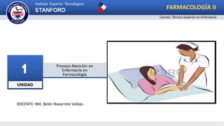 UNIDAD
1 Proceso Atención en
Enfermería en
Farmacología
FARMACOLOGÍA II
Carrera: Técnico Superior en Enfermería
DOCENTE: Md. Belén Navarrete Vallejo.
 