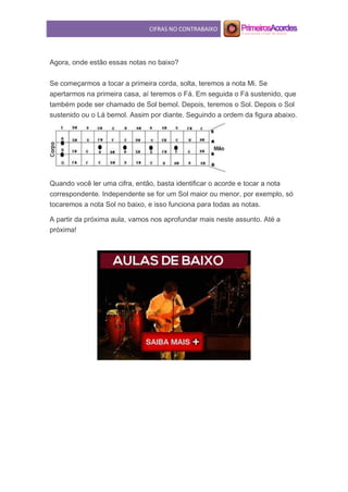 CIFRAS NO CONTRABAIXO
Agora, onde estão essas notas no baixo?
Se começarmos a tocar a primeira corda, solta, teremos a nota Mi. Se
apertarmos na primeira casa, aí teremos o Fá. Em seguida o Fá sustenido, que
também pode ser chamado de Sol bemol. Depois, teremos o Sol. Depois o Sol
sustenido ou o Lá bemol. Assim por diante. Seguindo a ordem da figura abaixo.
Quando você ler uma cifra, então, basta identificar o acorde e tocar a nota
correspondente. Independente se for um Sol maior ou menor, por exemplo, só
tocaremos a nota Sol no baixo, e isso funciona para todas as notas.
A partir da próxima aula, vamos nos aprofundar mais neste assunto. Até a
próxima!
 