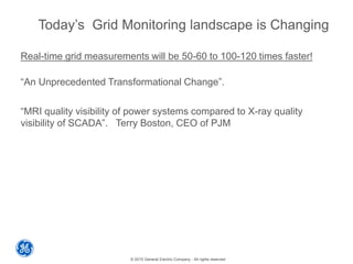© 2015 General Electric Company - All rights reserved
Today’s Grid Monitoring landscape is Changing
Real-time grid measurements will be 50-60 to 100-120 times faster!
“An Unprecedented Transformational Change”.
“MRI quality visibility of power systems compared to X-ray quality
visibility of SCADA”. Terry Boston, CEO of PJM
 