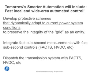 © 2015 General Electric Company - All rights reserved
Tomorrow’s Smarter Automation will include:
Fast local and wide-area automated control!
Develop protective schemes
that dynamically adapt to current power system
conditions,
to preserve the integrity of the “grid” as an entity.
Integrate fast sub-second measurements with fast
sub-second controls (FACTS, HVDC, etc)
Dispatch the transmission system with FACTS,
HVDC, etc
 