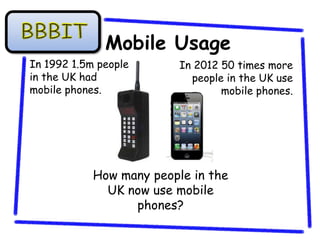 Mobile Usage
In 1992 1.5m people       In 2012 50 times more
in the UK had               people in the UK use
mobile phones.                    mobile phones.




            How many people in the
              UK now use mobile
                  phones?
 