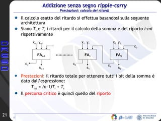 Addizione senza segno  ripple-carry Prestazioni: calcolo dei ritardi Il calcolo esatto del ritardo si effettua basandosi sulla seguente architettura  Siano  T s  e  T r  i ritardi per il calcolo della somma e del riporto  i-mi  rispettivamente Prestazioni : il ritardo totale per ottenere tutti i bit della somma è dato dall’espressione: T tot  = (n-1)T r  + T s Il  percorso critico  è quindi quello del  riporto FA n-1 FA 1 FA 0 x 0   y 0 x 1   y 1 x n-1  y n-1 s 1 s 0 c 0 c n c 2 c 1 s n-1 