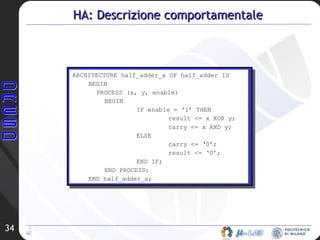 HA: Descrizione comportamentale ARCHITECTURE half_adder_a OF half_adder IS BEGIN PROCESS (x, y, enable) BEGIN IF enable = ‘1’ THEN result <= x XOR y; carry <= x AND y; ELSE carry <= ‘0’; result <= ‘0’; END IF; END PROCESS; END half_adder_a; 