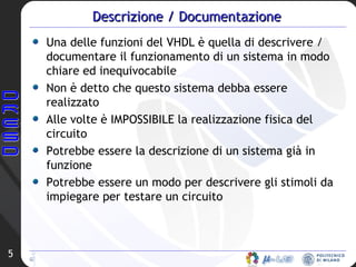 Descrizione / Documentazione Una delle funzioni del VHDL è quella di descrivere / documentare il funzionamento di un sistema in modo chiare ed inequivocabile Non è detto che questo sistema debba essere realizzato Alle volte è IMPOSSIBILE la realizzazione fisica del circuito Potrebbe essere la descrizione di un sistema già in funzione Potrebbe essere un modo per descrivere gli stimoli da impiegare per testare un circuito 