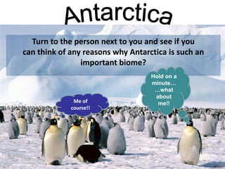 Turn to the person next to you and see if you
can think of any reasons why Antarctica is such an
important biome?
Me of
course!!
Hold on a
minute…
…what
about
me!!
 