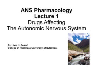 ANS Pharmacology
Lecture 1
Drugs Affecting
The Autonomic Nervous System
Dr. Hiwa K. Saaed
College of Pharmacy/University of Sulaimani
1
 