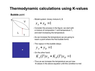 Thermodynamic calculations using K-values
Thermodynamic calculations using K-values
Bubble
Bubble point
point
T
V
L
- Model system: binary mixture A, B
- Consider the process in the figure: we start with
a mixture of composition 1 and temperature T1
and start increasing the temperature
- As we increase the temperature we are going to
reach a point where the first bubble forms
- The vapour in this bubble obeys:
- On the other hand:
- Thus as we increase the temperature we put new
K-values in the above equation until this condition is met
1

 B
A x
x
1

 B
A y
y
1
)
(
)
( 
 B
B
A
A x
T
K
x
T
K
1
 