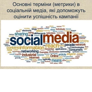 Основні терміни (метрики) в
соціальній медіа, які допоможуть
оцінити успішність кампанії
 