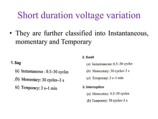Short duration voltage variation
• They are further classified into Instantaneous,
momentary and Temporary
 