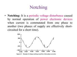 Notching
• Notching: It is a periodic voltage disturbance caused
by normal operation of power electronic devices
when current is commutated from one phase to
another (two phases of supply are effectively short-
circuited for a short time).
 