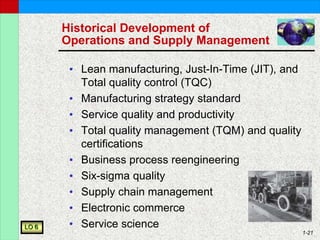 1-21
Historical Development of
Operations and Supply Management
• Lean manufacturing, Just-In-Time (JIT), and
Total quality control (TQC)
• Manufacturing strategy standard
• Service quality and productivity
• Total quality management (TQM) and quality
certifications
• Business process reengineering
• Six-sigma quality
• Supply chain management
• Electronic commerce
• Service science
LO 6
 