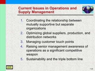 1-22
Current Issues in Operations and
Supply Management
1. Coordinating the relationship between
mutually supportive but separate
organizations
2. Optimizing global suppliers, production, and
distribution networks
3. Managing customer touch points
4. Raising senior management awareness of
operations as a significant competitive
weapon
5. Sustainability and the triple bottom line
LO 6
 