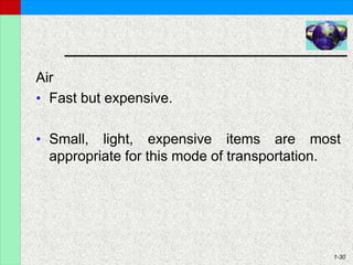 1-30
Air
• Fast but expensive.
• Small, light, expensive items are most
appropriate for this mode of transportation.
 