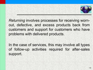 1-8
Returning involves processes for receiving worn-
out, defective, and excess products back from
customers and support for customers who have
problems with delivered products.
In the case of services, this may involve all types
of follow-up activities required for after-sales
support.
 
