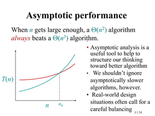 L1.24
Asymptotic performance
n
T(n)
n0
.
• Asymptotic analysis is a
useful tool to help to
structure our thinking
toward better algorithm
• We shouldn’t ignore
asymptotically slower
algorithms, however.
• Real-world design
situations often call for a
careful balancing
When n gets large enough, a (n2) algorithm
always beats a (n3) algorithm.
 