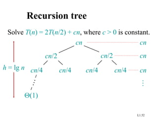 L1.52
Recursion tree
Solve T(n) = 2T(n/2) + cn, where c > 0 is constant.
cn
cn/4 cn/4 cn/4 cn/4
cn/2 cn/2
(1)
h = lg n
cn
cn
cn
…
 