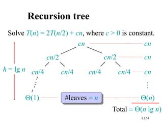 L1.54
Recursion tree
Solve T(n) = 2T(n/2) + cn, where c > 0 is constant.
cn
cn/4 cn/4 cn/4 cn/4
cn/2 cn/2
(1)
h = lg n
cn
cn
cn
#leaves = n (n)
Total(n lg n)
…
 