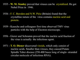 1935 - W. M. Stanley proved that viruses can be crystalized. He got
Nobel Prize in 1946.
1936 - F. C. Bawden and N.W. Pirie (Britain) found that the
crystalline nature of the virus contains nucleic acid and
protein.
1939 - Kausche and colleagues first time observed TMV virus
particles with the help of Electron microscope.
1956 - Gierer and Schramm proved that the nucleic acid fraction of
the virus is actually the infectious agent.
1971 - T. O. Diener discovered viroids, which only consist of
nucleic acids. Smaller than viruses, they caused Potato
Spindle Tuber disease (250-400 bases long of single- stranded
circular molecule of infectious RNA).
 