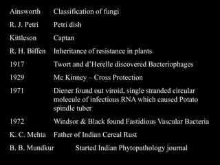Ainsworth Classification of fungi
R. J. Petri Petri dish
Kittleson Captan
R. H. Biffen Inheritance of resistance in plants
1917 Twort and d’Herelle discovered Bacteriophages
1929 Mc Kinney – Cross Protection
1971 Diener found out viroid, single stranded circular
molecule of infectious RNA which caused Potato
spindle tuber
1972 Windsor & Black found Fastidious Vascular Bacteria
K. C. Mehta Father of Indian Cereal Rust
B. B. Mundkur Started Indian Phytopathology journal
 
