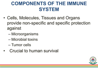 COMPONENTS OF THE IMMUNE
SYSTEM
• Cells, Molecules, Tissues and Organs
provide non-specific and specific protection
against
– Microorganisms
– Microbial toxins
– Tumor cells
• Crucial to human survival
 