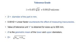 Tolerance Grade
• D = diameter of the part in mm.
• 0.001D = Linear factor counteracts the effect of measuring inaccuracies.
• Value of tolerance unit ‘i ’ is obtained for sizes up to 500 mm.
• D is the geometric mean of the lower and upper diameters.
• D=
 