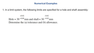 Numerical Examples
1. In a limit system, the following limits are specified for a hole and shaft assembly:
 