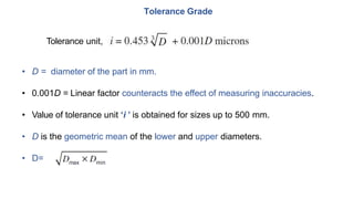 Tolerance Grade
Tolerance unit,
• D = diameter of the part in mm.
• 0.001D = Linear factor counteracts the effect of measuring inaccuracies.
• Value of tolerance unit ‘i ’ is obtained for sizes up to 500 mm.
• D is the geometric mean of the lower and upper diameters.
• D=
 