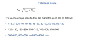 Tolerance Grade
D=
The various steps specified for the diameter steps are as follows:
• 1–3, 3–6, 6–10, 10–18, 18–30, 30–50, 50–80, 80–120
• 120–180, 180–250, 250–315, 315–400, 400–500
• 500–630, 630–800, and 800–1000 mm.
 