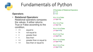 Fundamentals of Python
Operators
• Relational Operators:
Relational operators compares
the values. It either returns
True or False according to the
condition.
• == equal to
• != not equal to
• > greater than
• < less than
• >= greater than or equal to
• <= less than or equal to
# Examples of Relational Operators
a = 13
b = 33
# a > b is False
print(a > b)
# a < b is True
print(a < b)
# a == b is False
print(a == b)
# a != b is True
print(a != b)
# a >= b is False
print(a >= b)
# a <= b is True
print(a <= b)
 