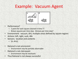Example: Vacuum Agent
• Performance?
– 1 point for each square cleaned in time T?
– #clean squares per time step - #moves per time step?
• Environment: vacuum, dirt, multiple areas defined by square regions
• Actions: left, right, suck, idle
• Sensors: location and contents
– [A, dirty]
• Rational is not omniscient
– Environment may be partially observable
• Rational is not clairvoyant
– Environment may be stochastic
• Thus Rational is not always successful
 