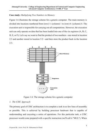 Almaaqal University - Collage of Engineering-Department of Control and Computer Engineering
Advanced Computer Architectures, CC408, 4th
Year
5
Prepared By: Assist. Prof. Dr. Mohammed Al-Ibadi
Case study: Multiplying Two Numbers in Memory
Figure 1.6 illustrates the storage scheme for a generic computer. The main memory is
divided into locations numbered from (row) 1: (column) 1 to (row) 6: (column) 4. The
execution unit is responsible for carrying out all computations. However, the execution
unit can only operate on data that has been loaded into one of the six registers (A, B, C,
D, E, or F). Let's say we want to find the product of two numbers - one stored in location
2:3 and another stored in location 5:2 - and then store the product back in the location
2:3.
Figure 1.6: The storage scheme for a generic computer
1. The CISC Approach
The primary goal of CISC architecture is to complete a task in as few lines of assembly
as possible. This is achieved by building processor hardware that is capable of
understanding and executing a series of operations. For this particular task, a CISC
processor would come prepared with a specific instruction (we'll call it "MUL"). When
 