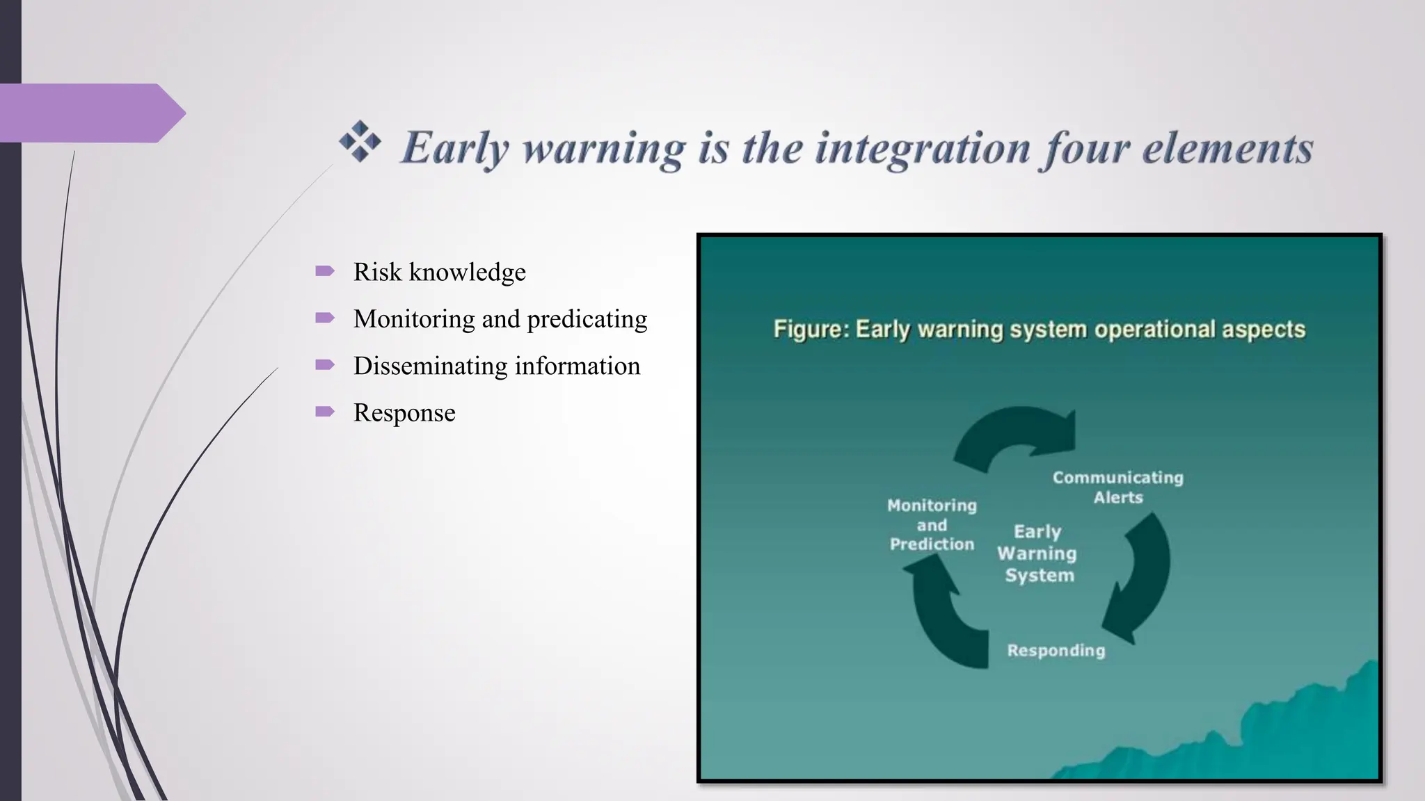  Risk knowledge
 Monitoring and predicating
 Disseminating information
 Response
 