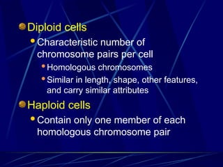 Diploid cells
Characteristic number of
chromosome pairs per cell
Homologous chromosomes
Similar in length, shape, other features,
and carry similar attributes
Haploid cells
Contain only one member of each
homologous chromosome pair
 