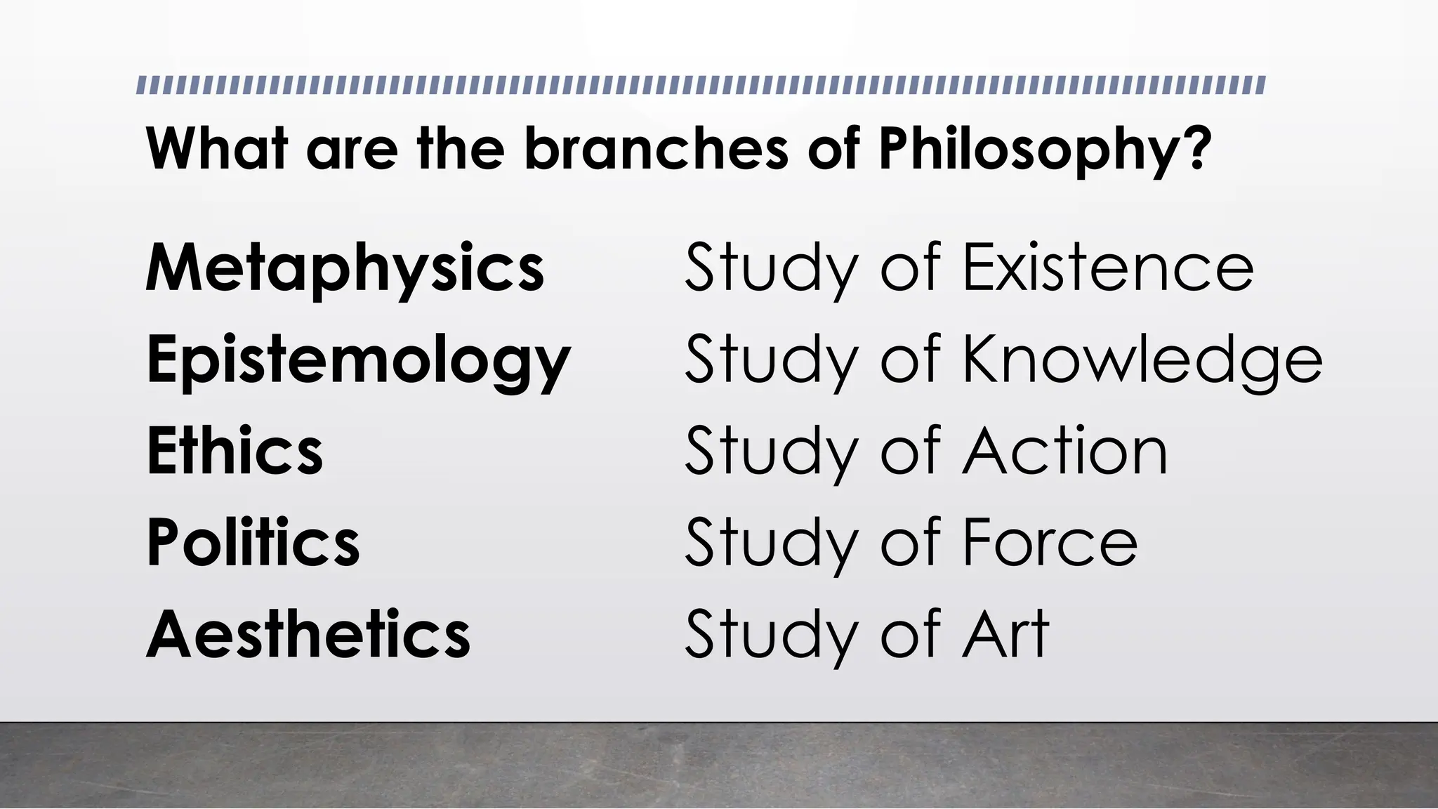 What are the branches of Philosophy?
Metaphysics Study of Existence
Epistemology Study of Knowledge
Ethics Study of Action
Politics Study of Force
Aesthetics Study of Art
 